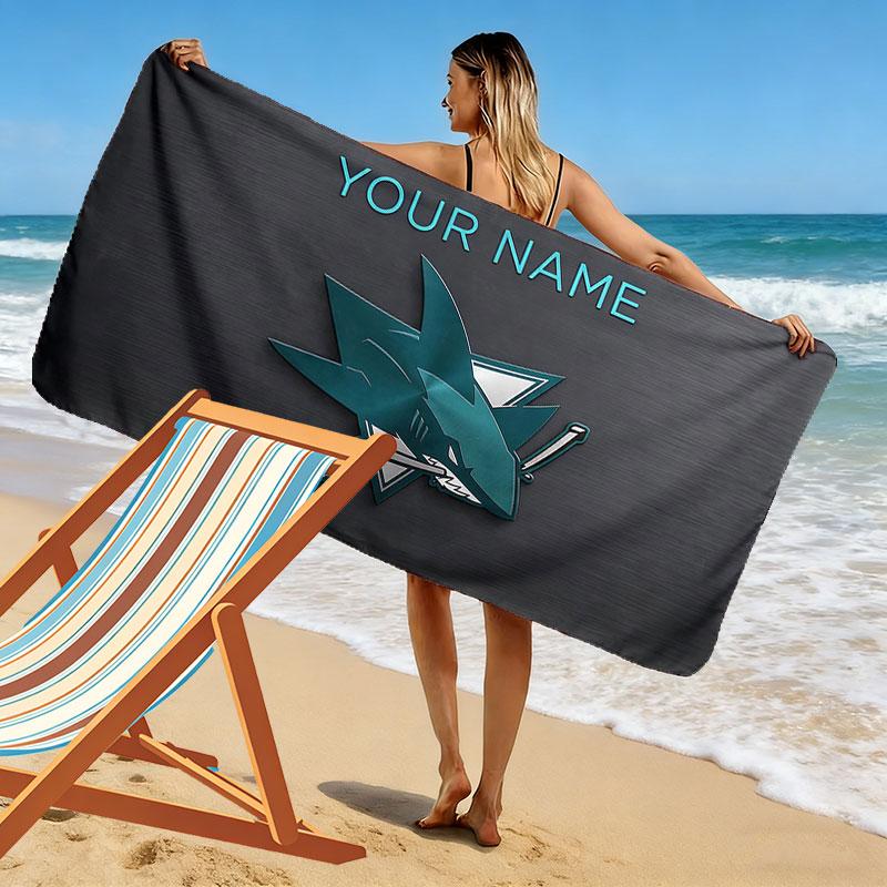 Custom Name,San Jose Sharks Print Beach Towel, Large Soft Quick Dry Towel for Beach Camping Swimming