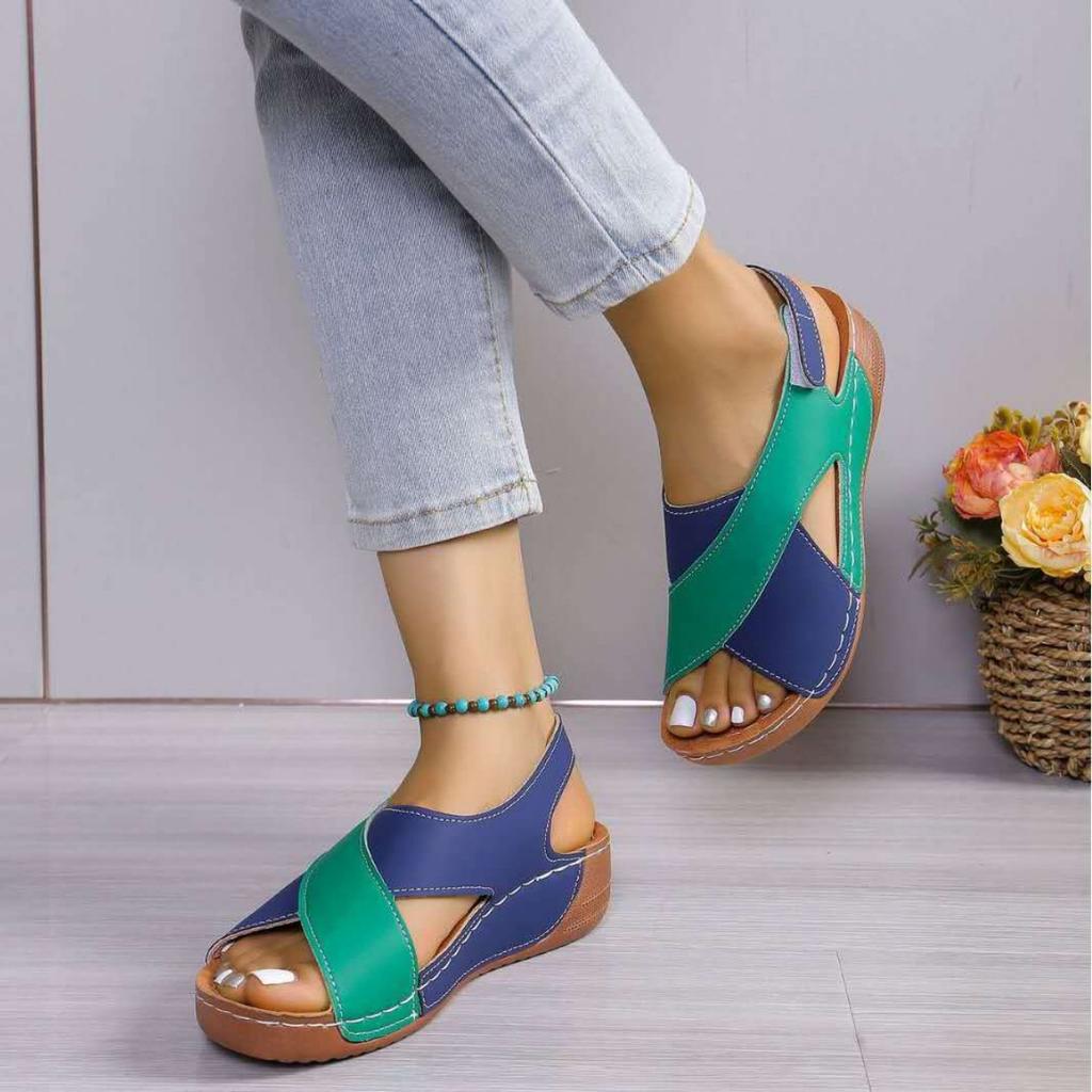 Women's Fashion Clash Colour Slope Heel Sandals,Open Toe Summer Shoes,Cross Strap Design,Mid Heel Platform,Non-Slip Sole,Comfortable Walking Shoes,