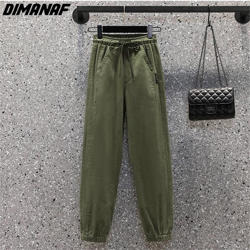 DIMANAF 2025 Большие размеры Длинные брюки Женские Эластичные Свободные С высокой талией Винтажные Однотонные Свободные Повседневные Женские Базовые брюки Зеленый Черный