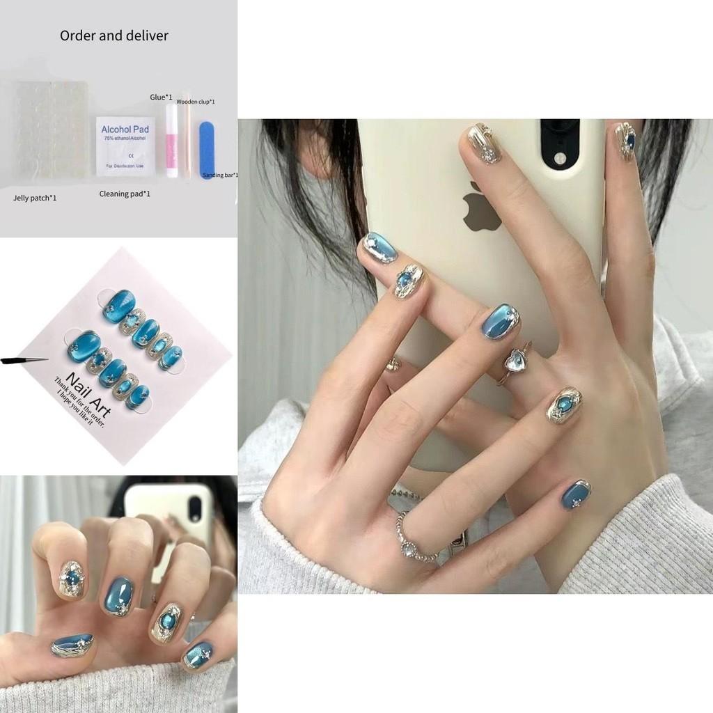 Blue Island Handmade Adhesive Cat Eye Short Nail Sticker Wearable Nail Art