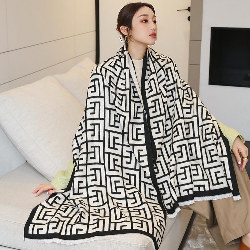 Fall Winter Geometric Warm Scarf Double-sided Cashmere Thick Student Shawl