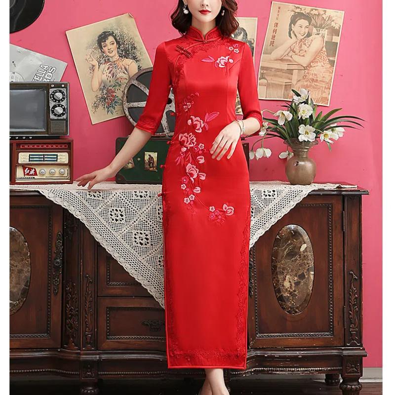 Современное платье-чеонгсам большого размера с вышивкой из шелка и винтажным шанхайским воротником, облегающее