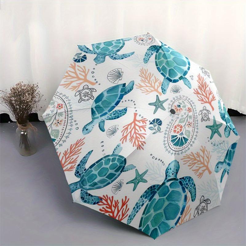 Sea turtles,Coral reef Automatic Folding Umbrella Simple 8 Rib Design, Bright Cartoon Pattern, Durable Iron Frame, Suitable For Travel, Out