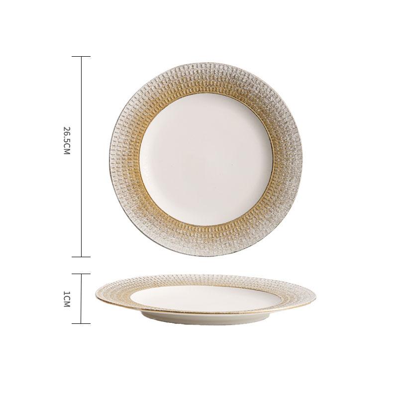 Рельефная текстурированная керамическая мелкая тарелка, белая золотая тарелка для стейка, тарелка для пасты, десертное блюдо, тарелки для закусок, креативная посуда для отелей