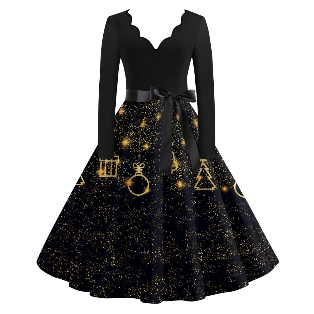 Женские повседневные модные длинные платья с рождественским графическим принтом и длинными рукавами в винтажном стиле