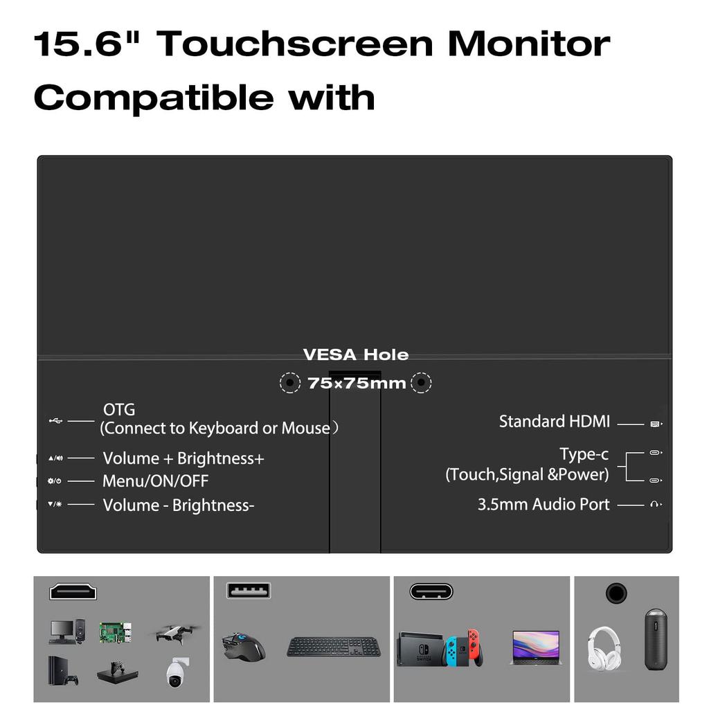 Inch Touch Mobile Monitor Lrtzcbi Thin Lightweight Screen Portable Monitor HDR IPS Panel FHD Resolution 1920x1080 Game Monitor 60Hz Touch Function