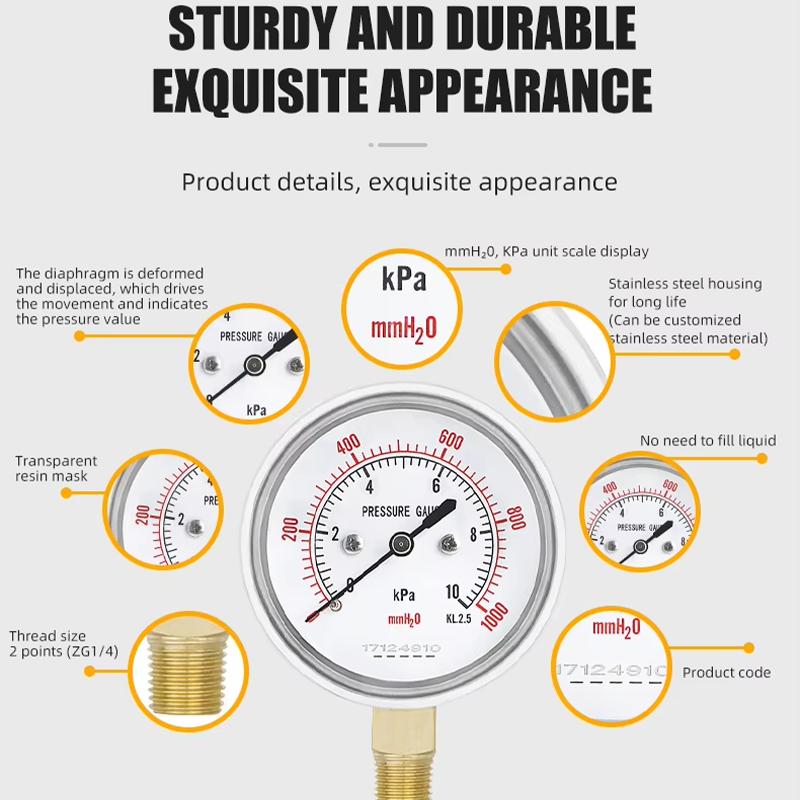 Diaphragm Pressure Gauge 10KPa Gas Meter Natural Barometer Overpressure Protection Type Micro Pressure Gauge KPa Vacuum Meter