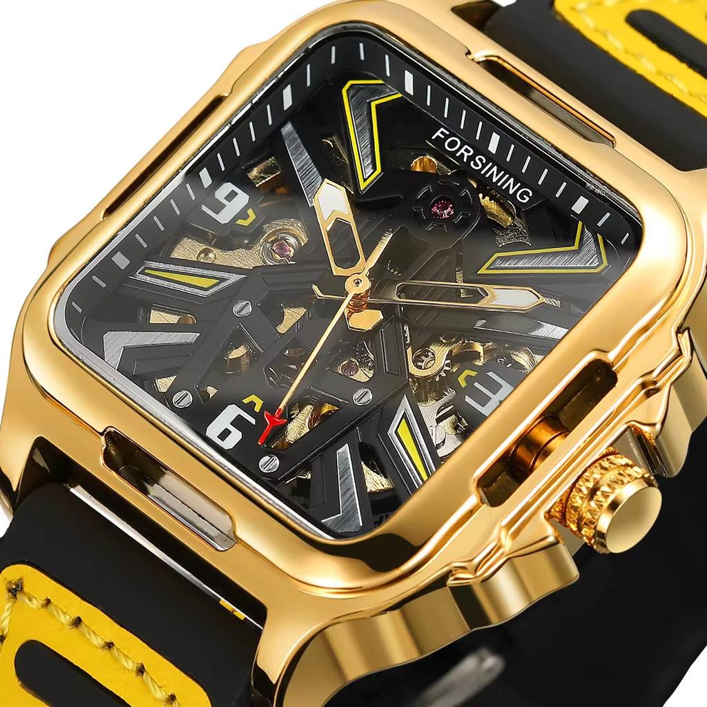 Luxury Square Transparent Skeleton Mens Watches Field Sports Rubber Band Mechanical Watch Luminous Waterproof Reloj Hombre 2024