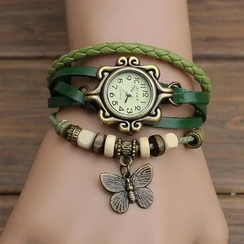 Women Genuine Leather Vintage Quartz Watch Multi Layer Handmade Bracelet Wristwatches Adjustable Length Couple Watch Bangle