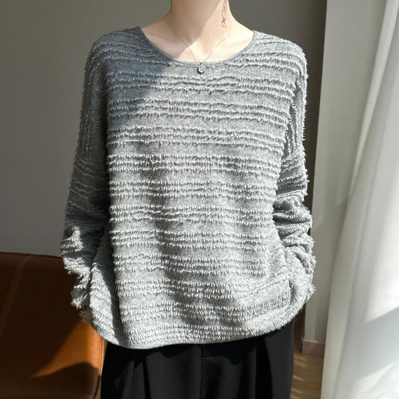 Autumn And Winter New Lazy Wind Wool Sweater Women'S Crew Neck Long-Sleeved Fringed Solid Color Loose Versatile Top Knitted