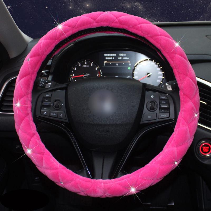 Зимний чехол на руль автомобиля Diamond Crystal Crown Plush Fur Steering-Roll Cases Auto Interior Accessories For Women Girls