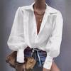 European and American Oversized Lantern Sleeve Solid Color Shirt with Suit Collar for Women - Autumn/Winter Collection