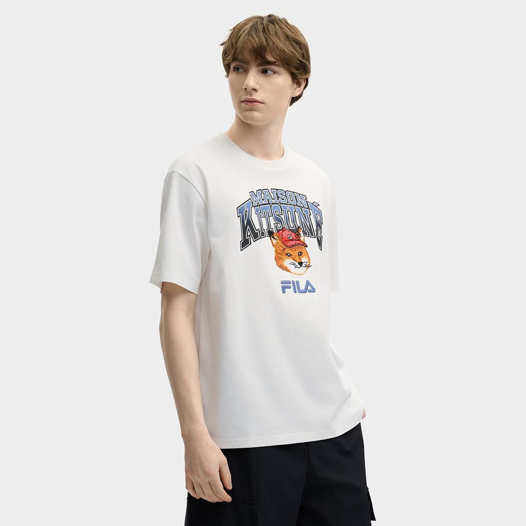 Fila X Maison Kitsune Футболка с головой лисы, трендовая, повседневная, спортивная, унисекс, топы, облачно-белый, F11U529102F-WT