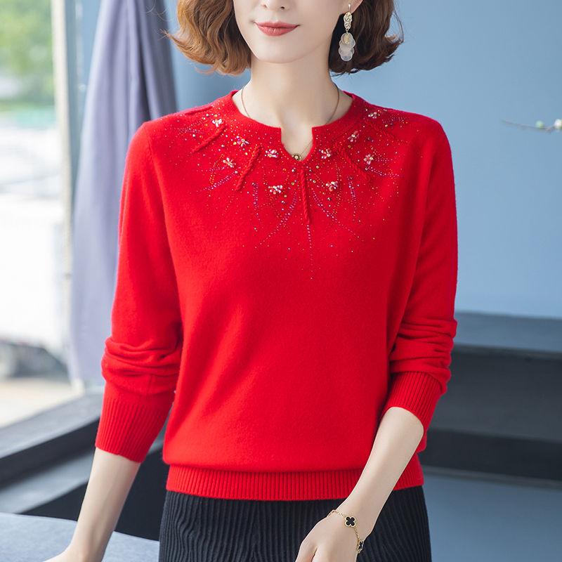 Cashmere Knitted Sweater Embroidered with Diamonds, Women's Loose Oversized Base Sweater