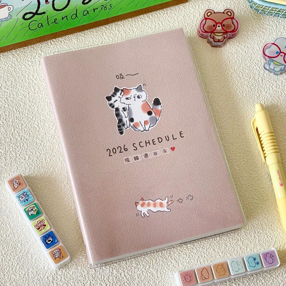 Мультяшный милый котенок Иллюстрация Планировщик 2026 с календарем Список дел Ежедневник Книга B6 Блокнот Школа Офис