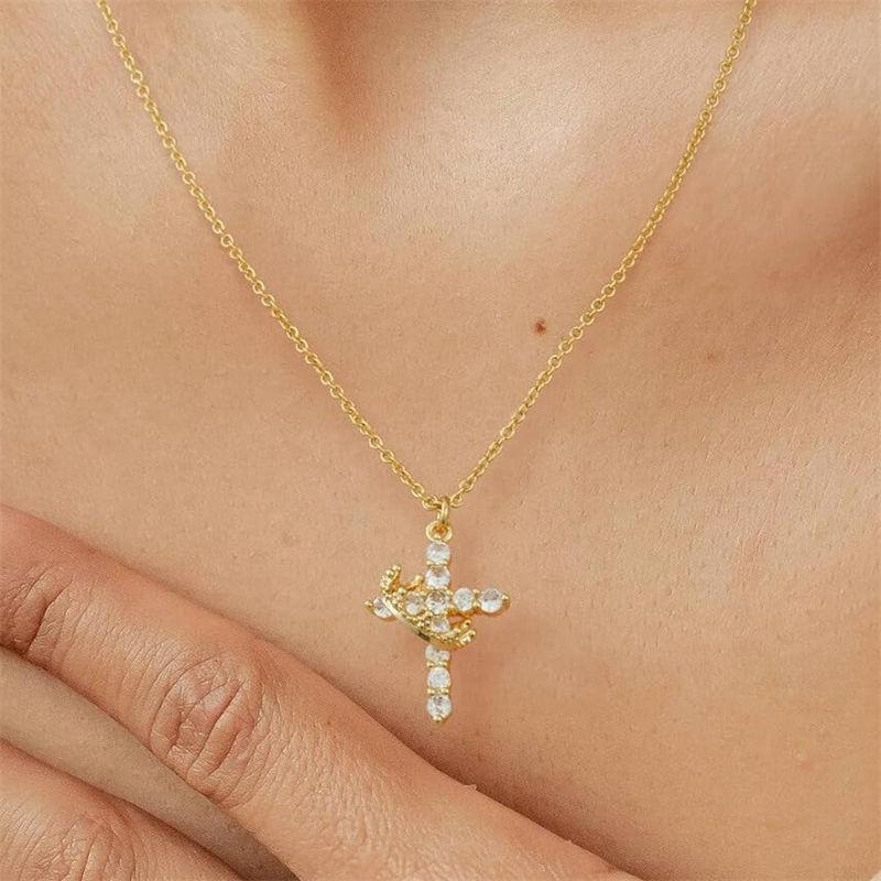 14k Gold Plated Cross Necklace for Women Zircon Crown Cross Pendant Necklaces GZW