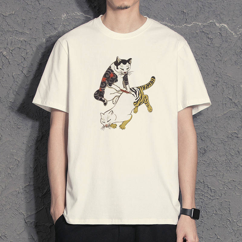 Japanese Orange Cat Pure Cotton Printed Mens And Womens Personalized Casual Short Sleeved New Fashionable Round Neck Tshirt