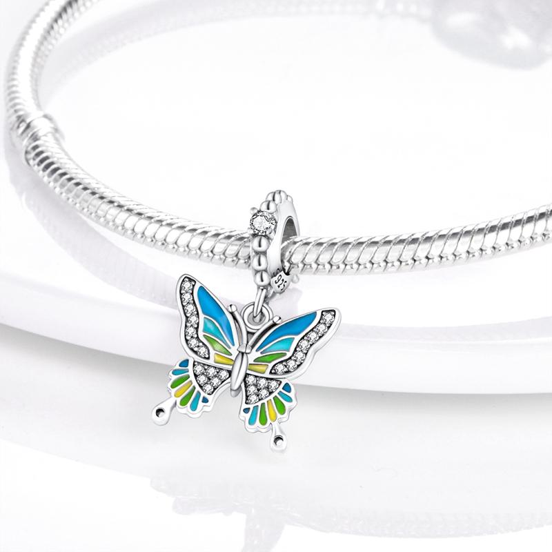 925 Sterling Silver Pink Blue Butterfly Dragonfly Charms Beads For Women Fit Original Bracelet Diy Jewelry Marking Girl