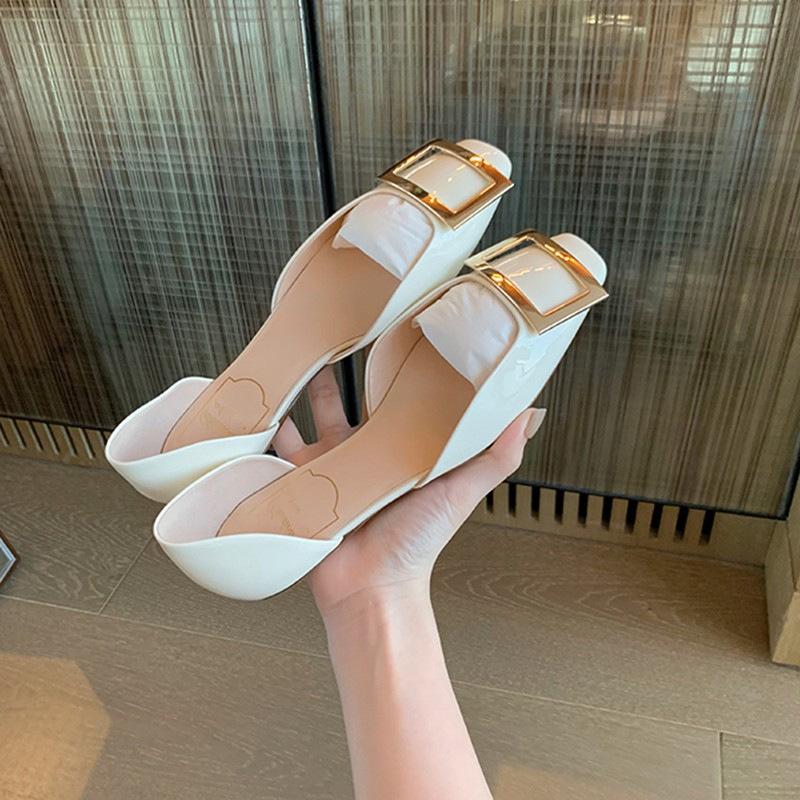 Sheepskin version~ square head shallow mouth single shoes women's buckle French temperament hollow sandals commuting leather grandma flats