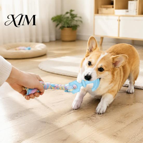Tear Resistant Dog Rope Tug of War Toy, Rubber Chew Toy with Braided Exercise Toys for Dogs Fabric Strips, Interactive Teeth Cleaning Small to Large