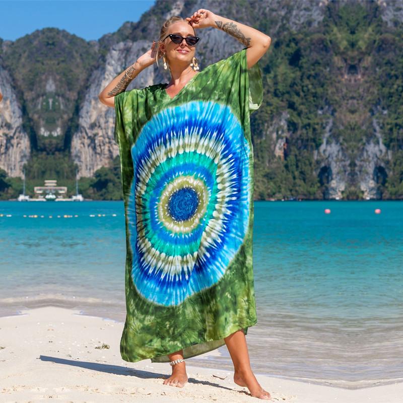 2022 Разноцветный кафтан с богемным принтом и v-образным вырезом, рукавами «летучая мышь», уличная одежда, платье макси, женская пляжная одежда, купальный костюм, накидка Q1342