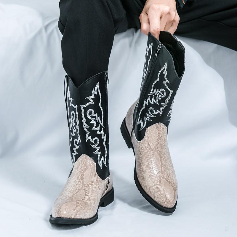 Модный бренд, ботинки хай-топ с узором змеиной кожи, с острым носком и боковой молнией, новая осенняя коллекция, мужские удобные вышитые ботинки в стиле вестерн-ковбой
