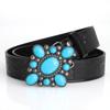 Модный женский пояс в богемном стиле, бирюзовый инкрустированный металлический пряжка, индивидуальность, винтажный черный тисненый ПУ кожаный ремень, больших размеров