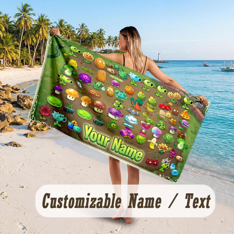 Personalized Beach Towel,Plants vs. Zombie Custom Printed Name Text, Super Absorbent Towel For Beach Vacation