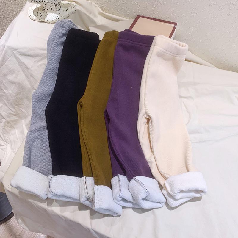 Брюки для йоги для девочек, однотонные эластичные плюшевые леггинсы с эластичной талией и утолщенные леггинсы