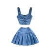 Women's Chic Hong Kong Style Retro Suit Short Camisole Vest Mini Denim Skirt Suit