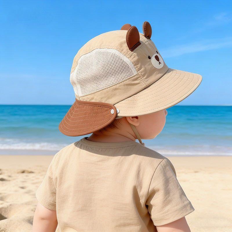 Baby Summer Breathable Mesh Bucket Hat With Removable Neck Flap Large Brim Sun Protection Cute Bear Design For Boys And Girls