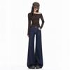 Pocket flip slightly pulled jeans women's autumn and winter non-stick legs horseshoe pants elastic high waist thin straight flared pants