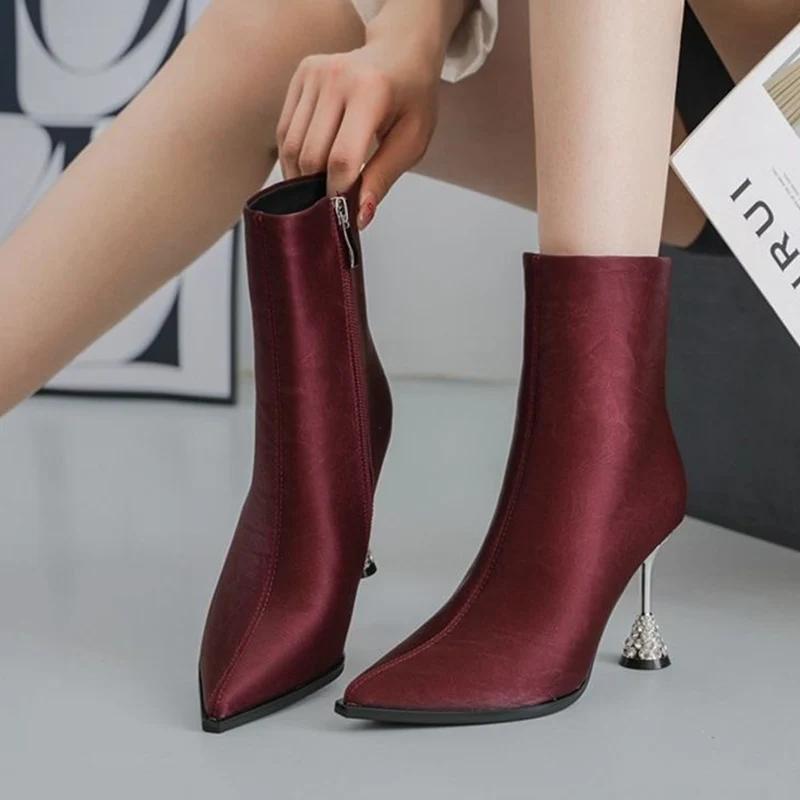 Женские ботильоны с острым носком, модные кожаные туфли на высоком каблуке 2025 года, тренд зимы, новый бренд, элегантные туфли-лодочки, дизайнерские Botas De Mujer