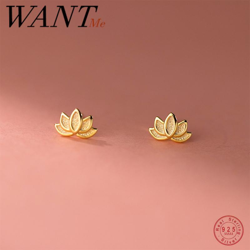 WANTME 925 Silver Fashion Vintage Lotus Flower Statement Gold Small Stud Earrings for Women Elegant Chic Party Jewelry