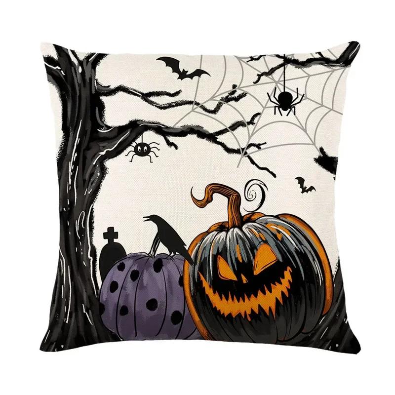 40/45/50cm Halloween Party Decorations Linen Pillowcase for Sofa Black Witch Ghost Print Throw Pillow Cover Home Decor