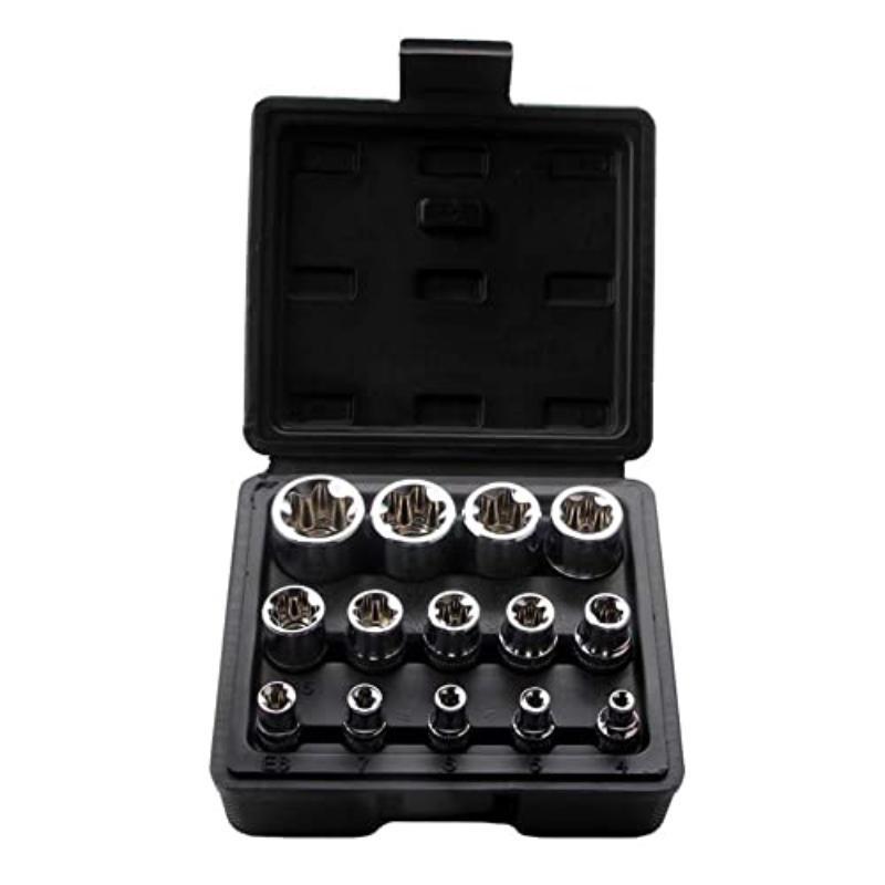 Flower Socket Female E Torx Socket Set with Case Drive E4-E24 External Torque Star Socket Kit, 14Pcs Spare Parts and Accessories