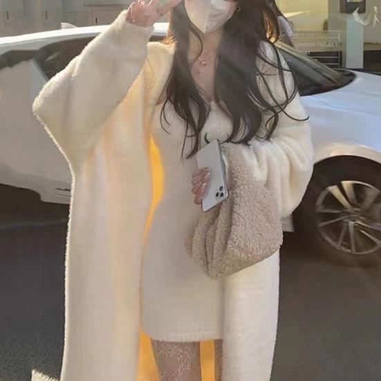 Женское зимнее пальто с длинными рукавами, утолщенное плюшевое, однотонное, длиной до середины икры, уютный кардиган с защитой от ветра и температурным фиксатором