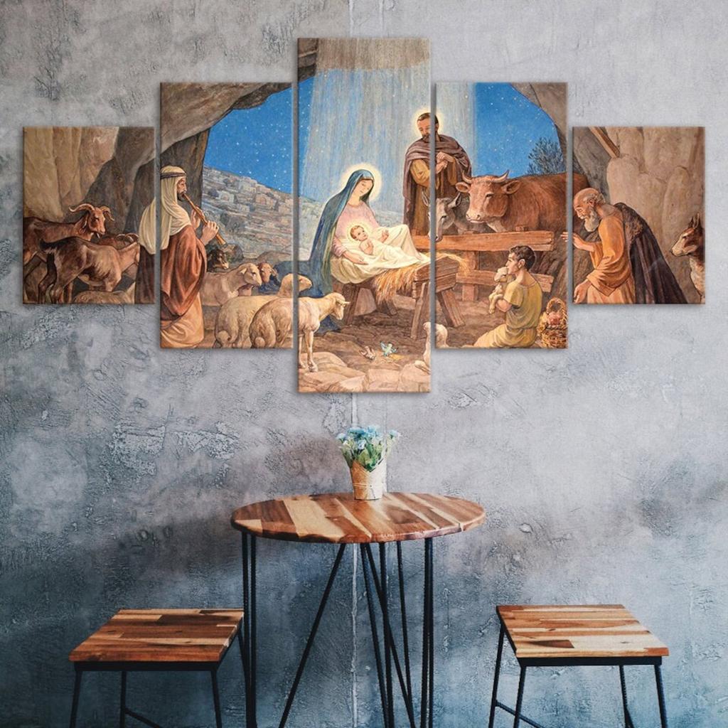 Birth of Jesus 5 Piece Canvas Wall Art Five Panel Christianity Theme Print Modern Art Poster Home Decor Picture Gift For Him For Her