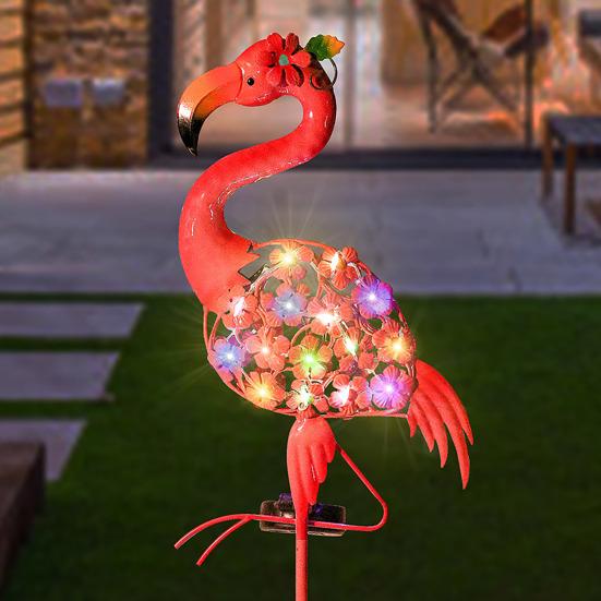 Солнечный светильник в саду с фламинго, металлический дорожный столб с цветными светодиодными фонарями, водонепроницаемая вставка в землю