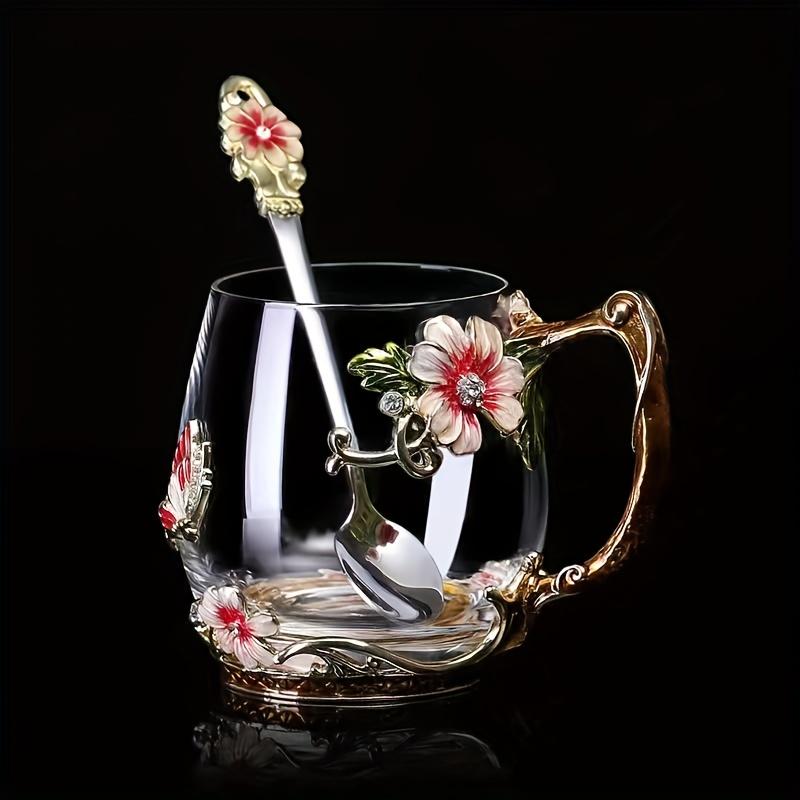 1pc Flower Enamel Crystal Tea Cup, Heat Resistant Coffee Mug, Lead-Free Glass Tumbler, Butterfly Painted Flower Water Cups, Clear Glass With Spoon Set