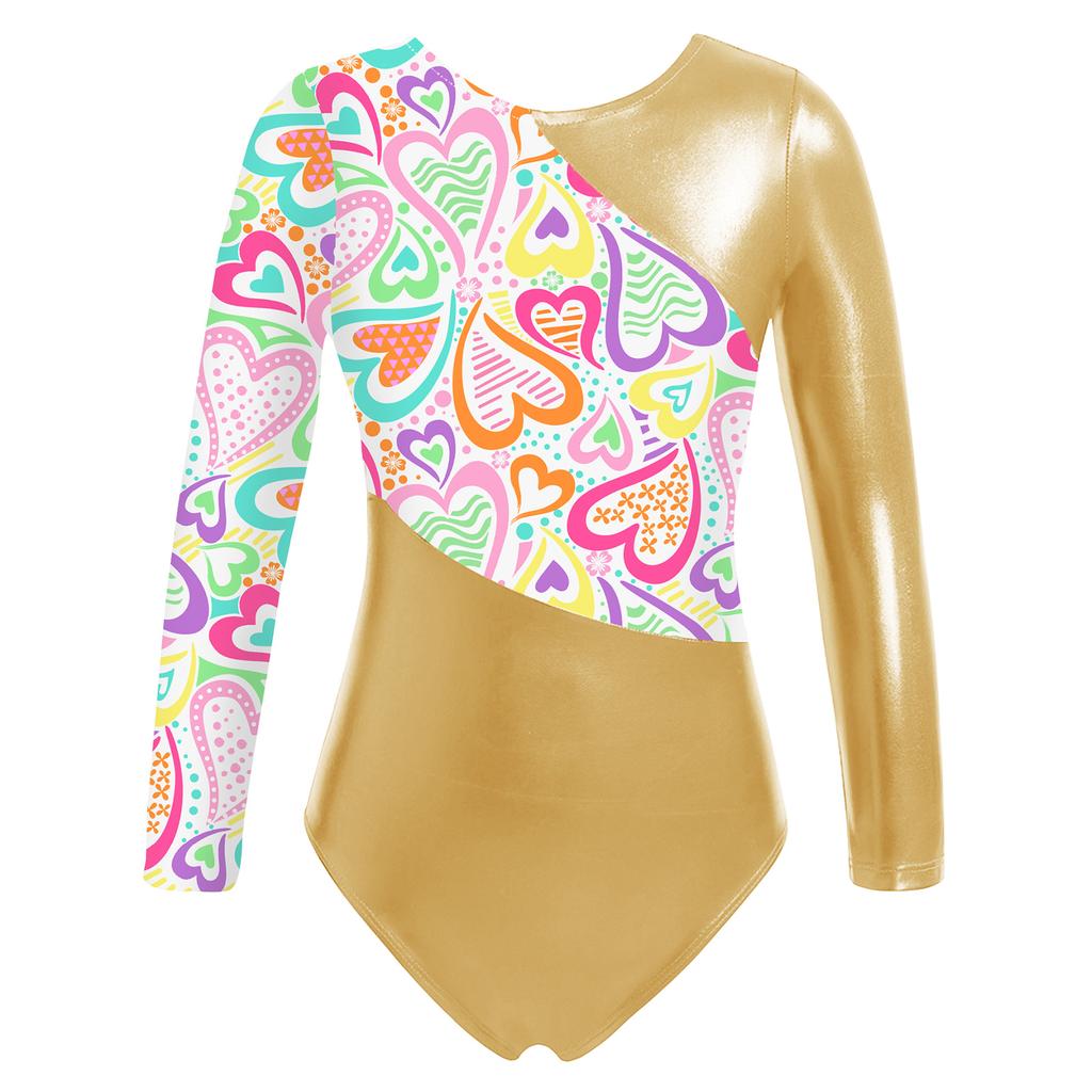 Детские блестящие металлические гимнастические купальники с длинными рукавами для девочек, комбинезон для балета и танцев с мультяшным принтом лошади