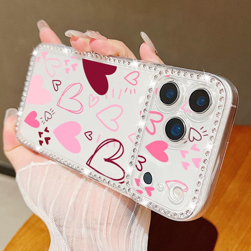 Розовое Сердце Глаз Узор Алмазный Чехол Для iPhone 17 Pro Max Funda iPhone 16 Pro Max 15 14 13 11 Прозрачный ТПУ Силиконовый Мягкий Чехол