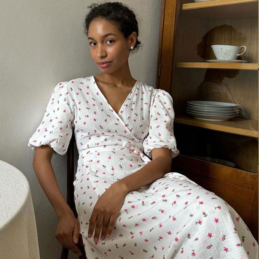 Женское летнее платье с короткими рукавами и высокой талией в этническом стиле на шнуровке