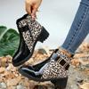 Fashion Women Round Toe Belt Buckle Ankle Boots Spring Autumn New Leopard Print Leather Boots Female Fashion High Heels Short Boots