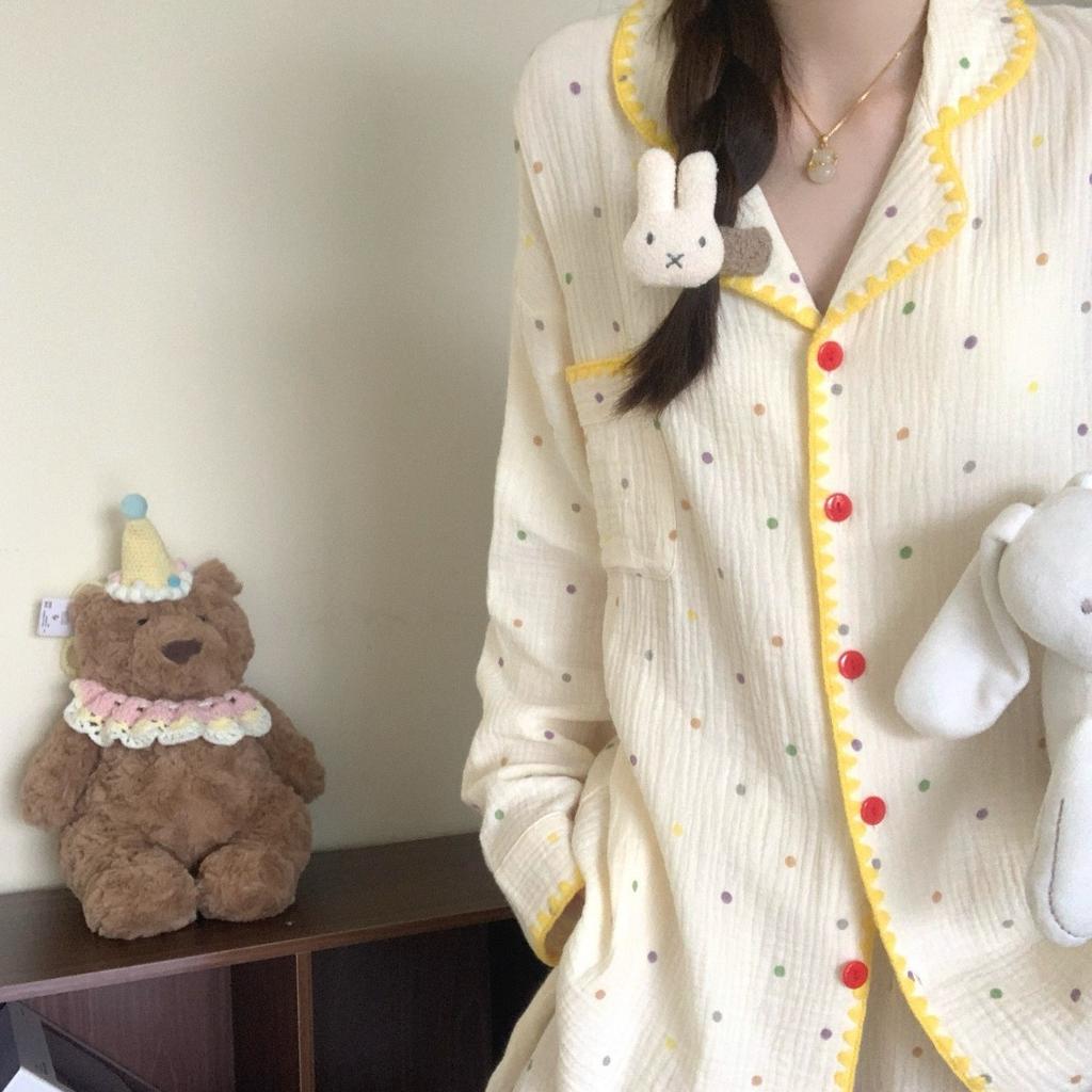 Contrasting color edge soft cute polka dots girl pajamas spring and autumn cardigan long-sleeved trousers suit students can wear loungewear