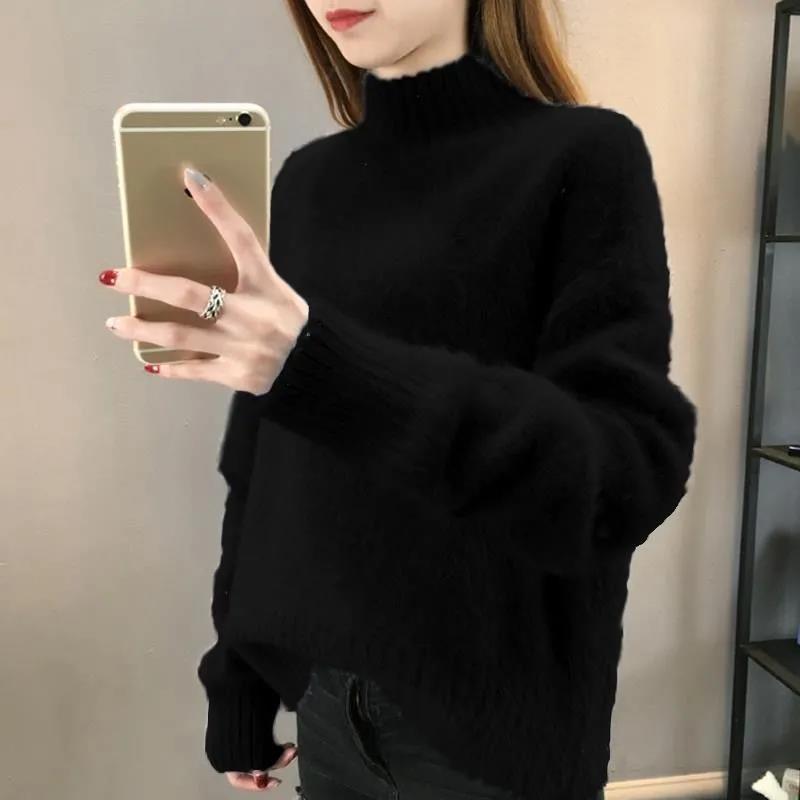 Осенне-зимний нелиняющий водонепроницаемый норковый свитер, женская нижняя рубашка, толстый свободный однотонный пуловер с половиной высокого воротника, мягкий и удобный