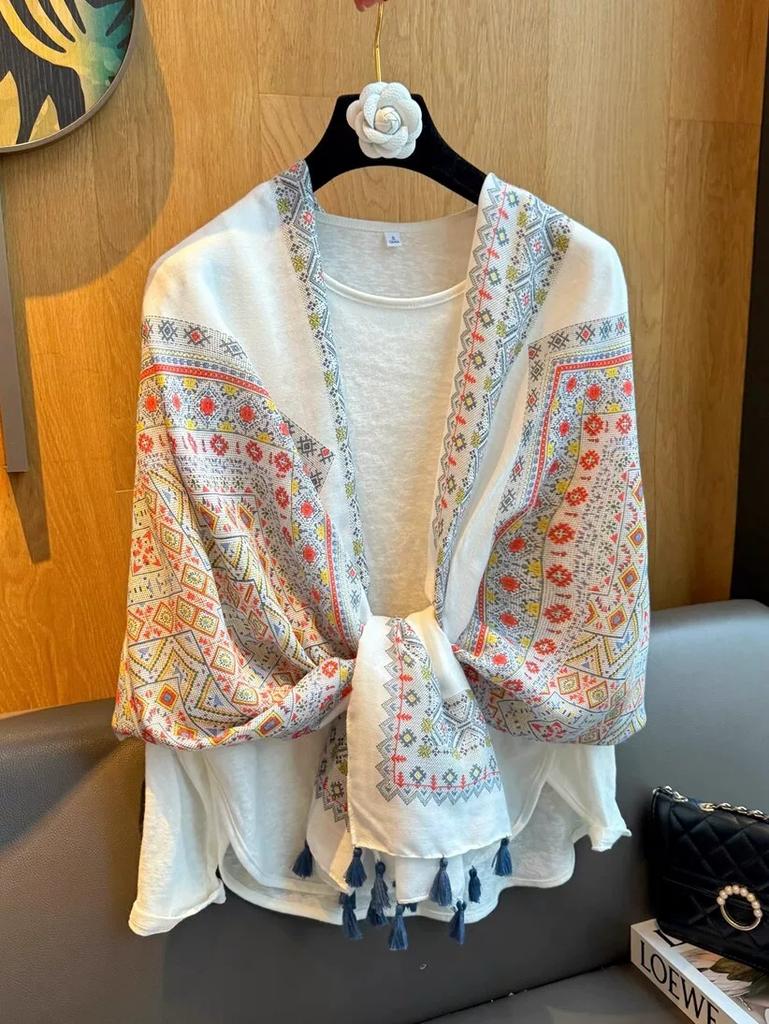 Shawl outer women's 2026 new photo silk scarf women's travel summer thin ethnic style scarf sun protection air-conditioned room