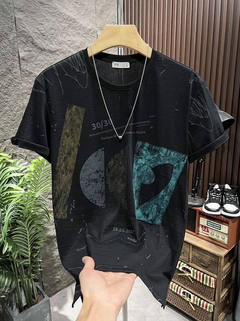 Мужские футболки из тенсела и хлопка с коротким рукавом, высококачественные топы, приталенные футболки с принтом