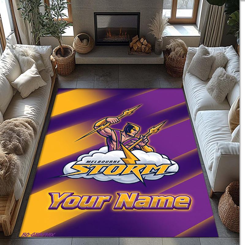 Melbourne Storm Crystal Velvet Rug, Custom Name Text Personalized Non‑Slip Floor Mat for Home Decor Gift