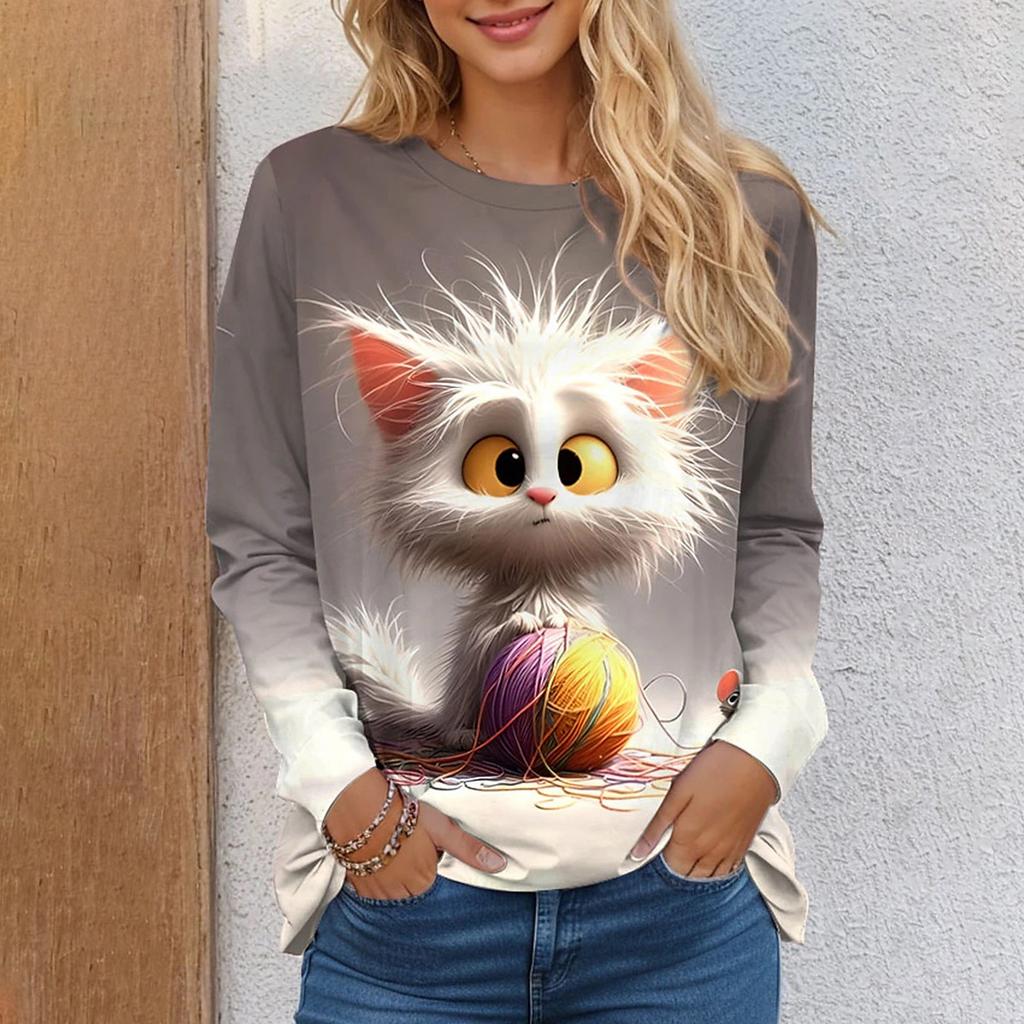 Autumn Women's T-shirt Funny Kitten Graphic Print  Female Clothing Cat Tops Street Casual Round Neck Long Sleeve T-shirt